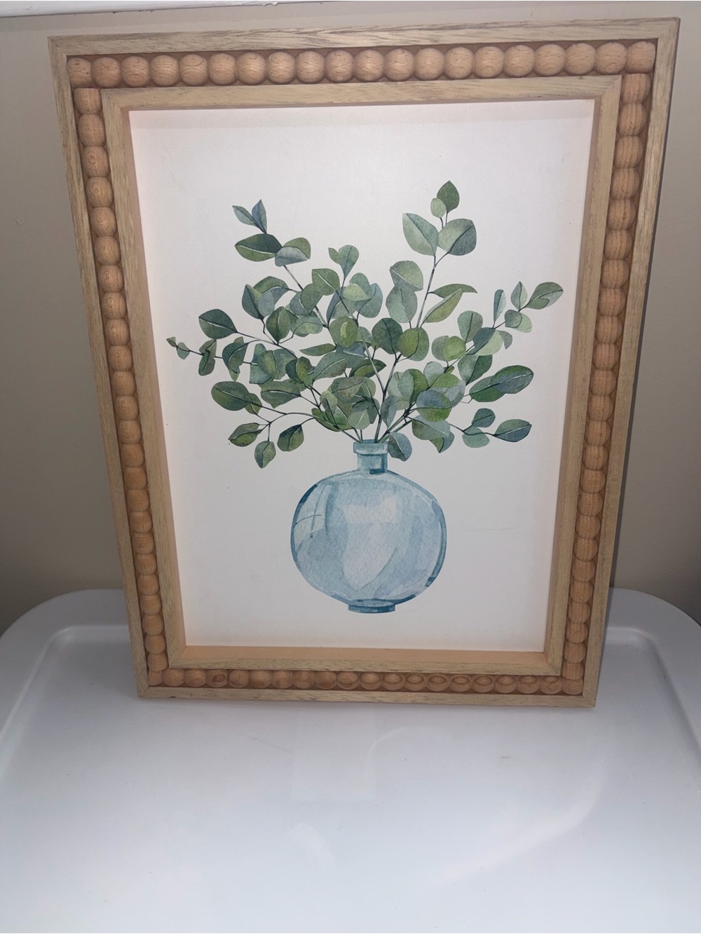 Framed Blue Vase and Green Eucalyptus Wall Art in Natural Wood